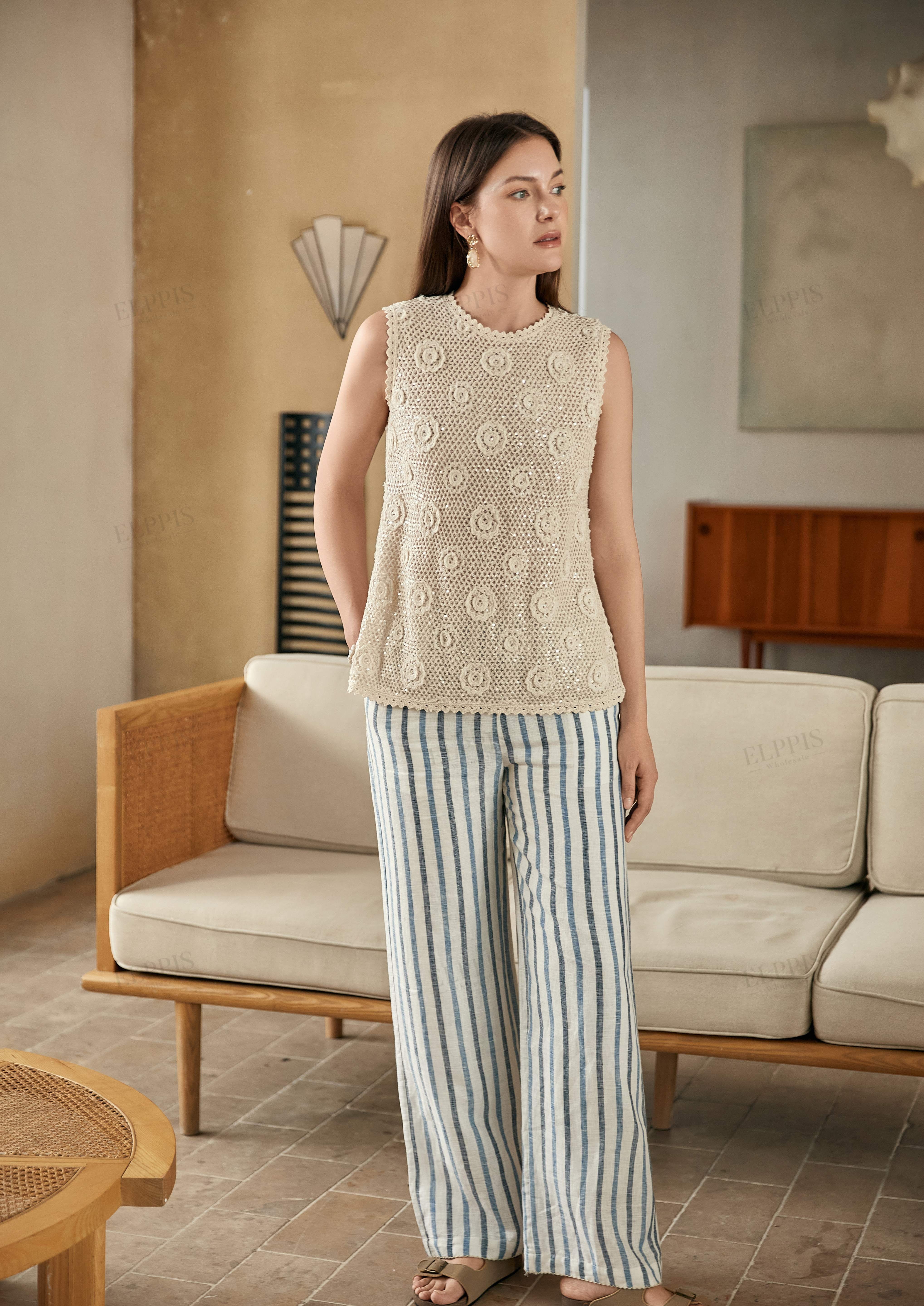 Blue & White Striped Linen-Blend Wide-Leg Pants (Crochet Waist)