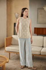 Blue & White Striped Linen-Blend Wide-Leg Pants (Crochet Waist)
