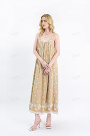Beige Spaghetti Strap Maxi Dress with Cutwork Embroidery