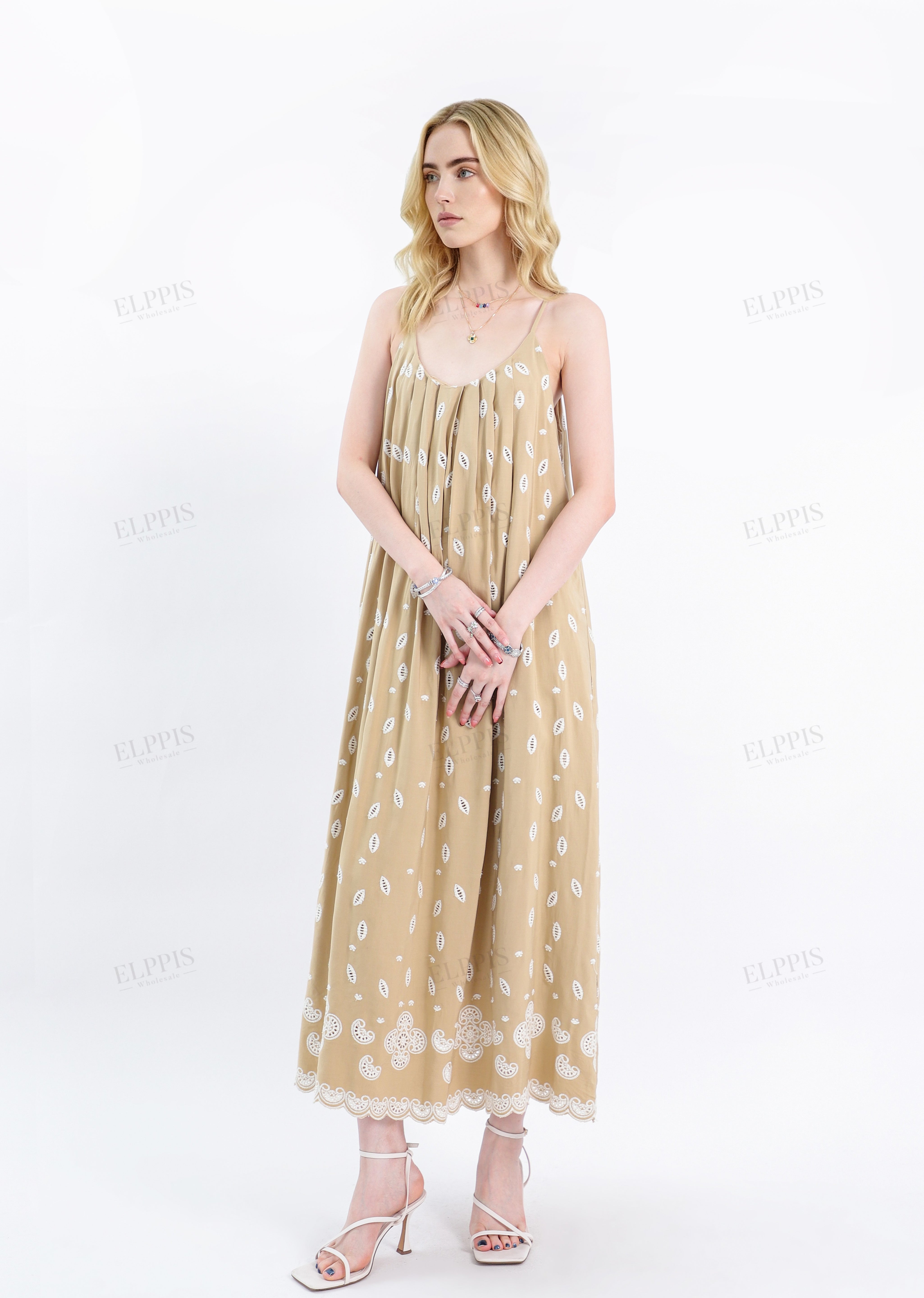 Beige Spaghetti Strap Maxi Dress with Cutwork Embroidery