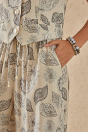 Beige Paisley Print Wide-Leg Linen Pants