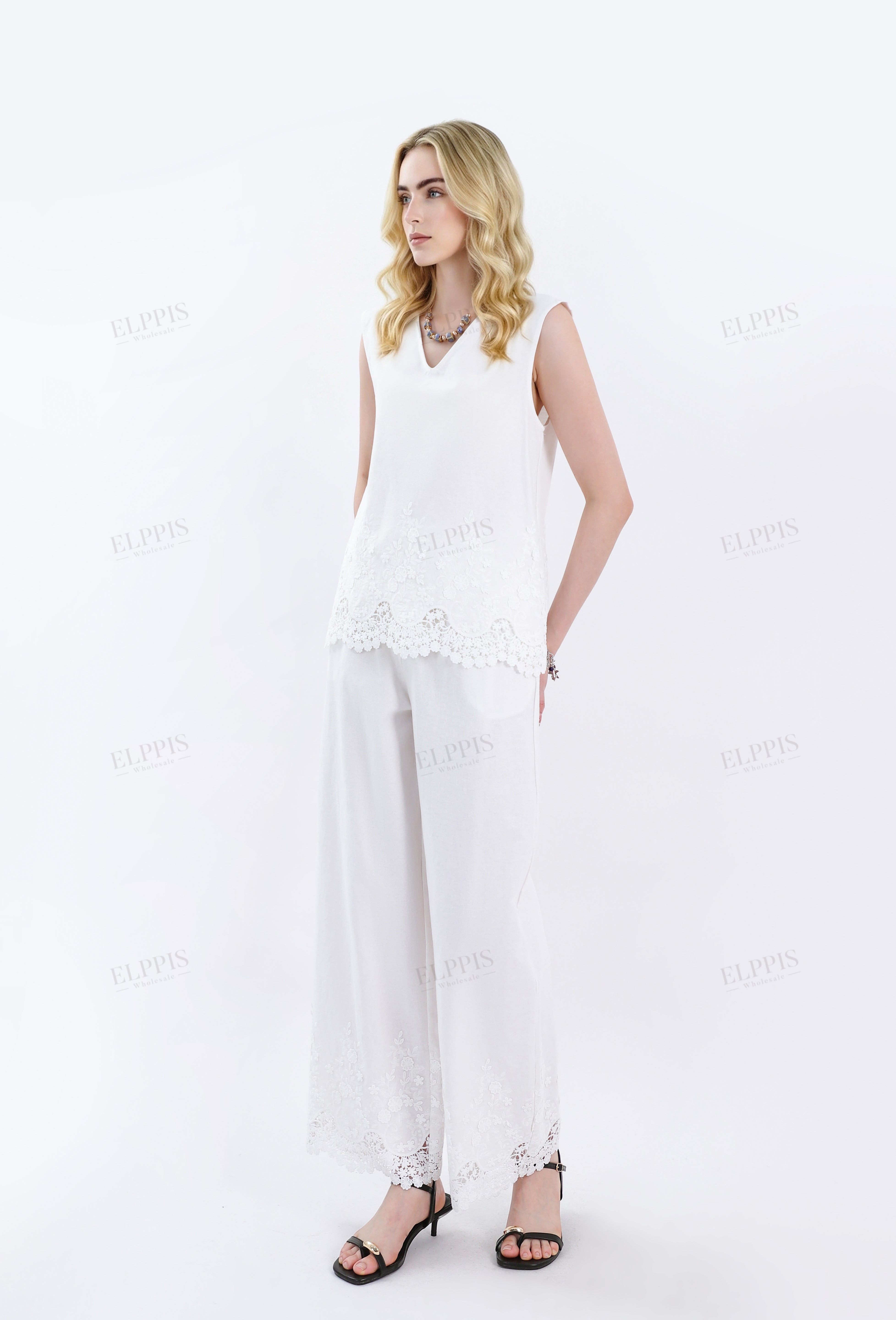 White Wide-Leg Pants with Lace Hem & Drawstring Waist