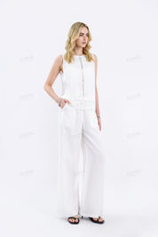 White Sleeveless Top with Lace Insert & Scalloped Hem