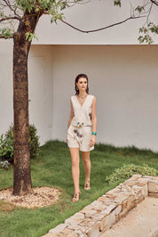 Cream Satin-Blend Vest with Colorful Tulip Sequin Embroidery