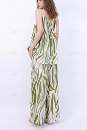 Green Leaf Print Spaghetti Strap Mini Dress with Beaded Trim