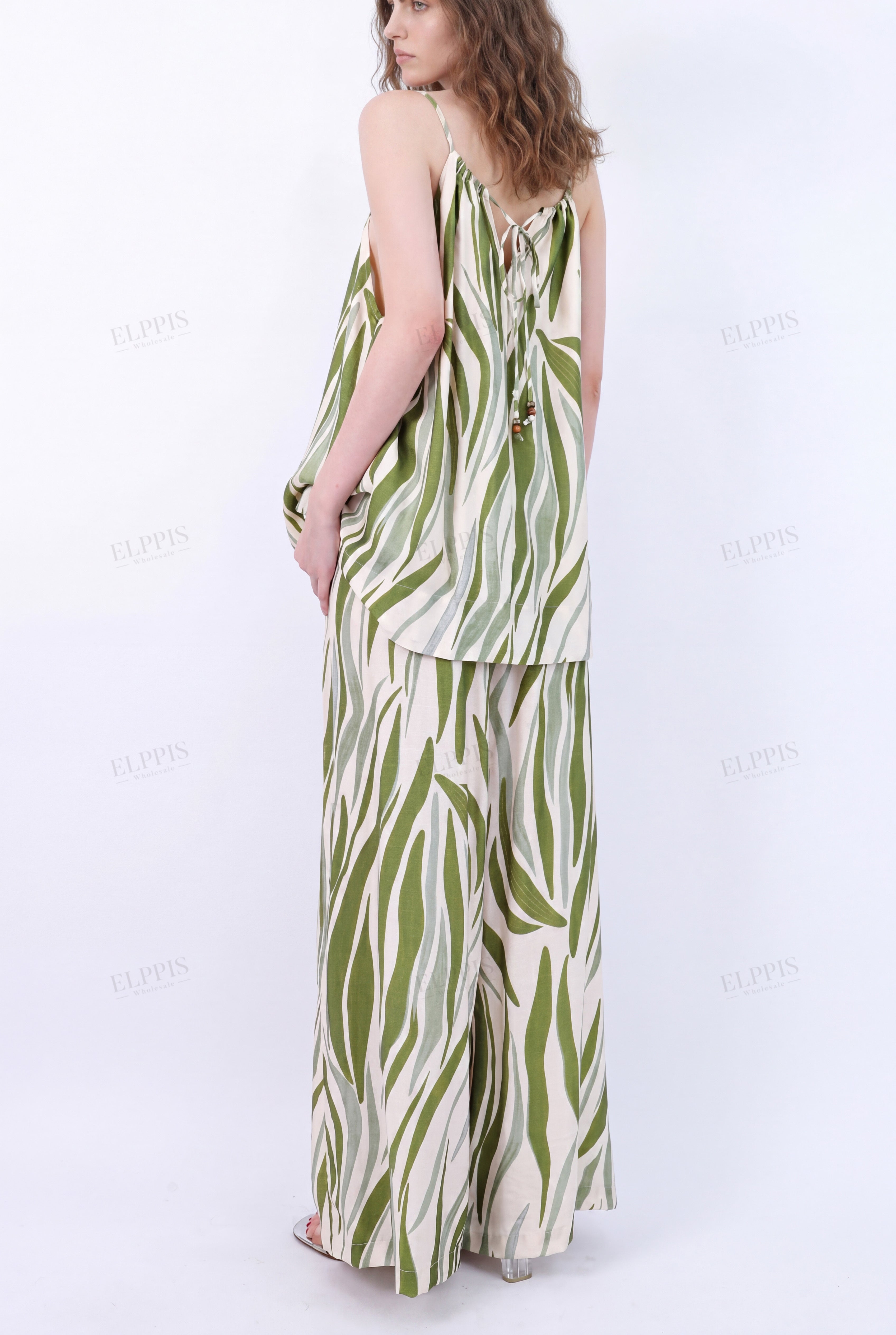 Green Leaf Print Spaghetti Strap Mini Dress with Beaded Trim