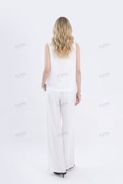 White Woven Wide-Leg Pants with Drawstring Waist
