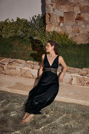 Black Satin Halter V-Neck Lace Panel Maxi Dress