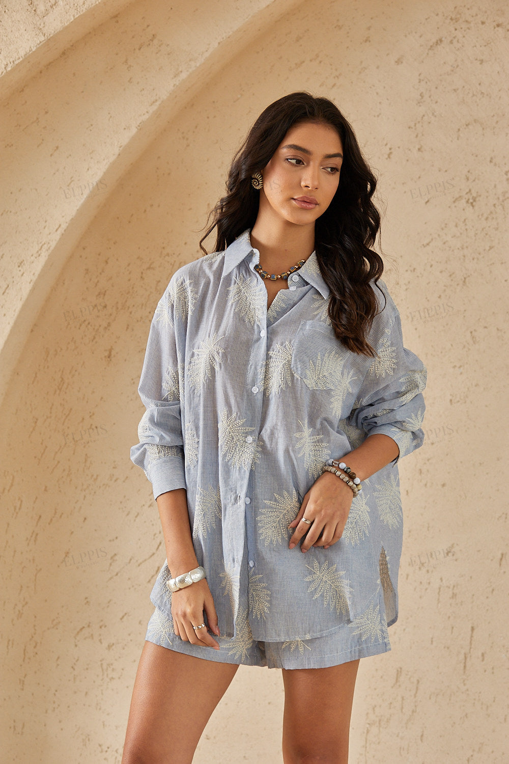 Light Blue Striped Shorts with Palm Leaf Embroidery