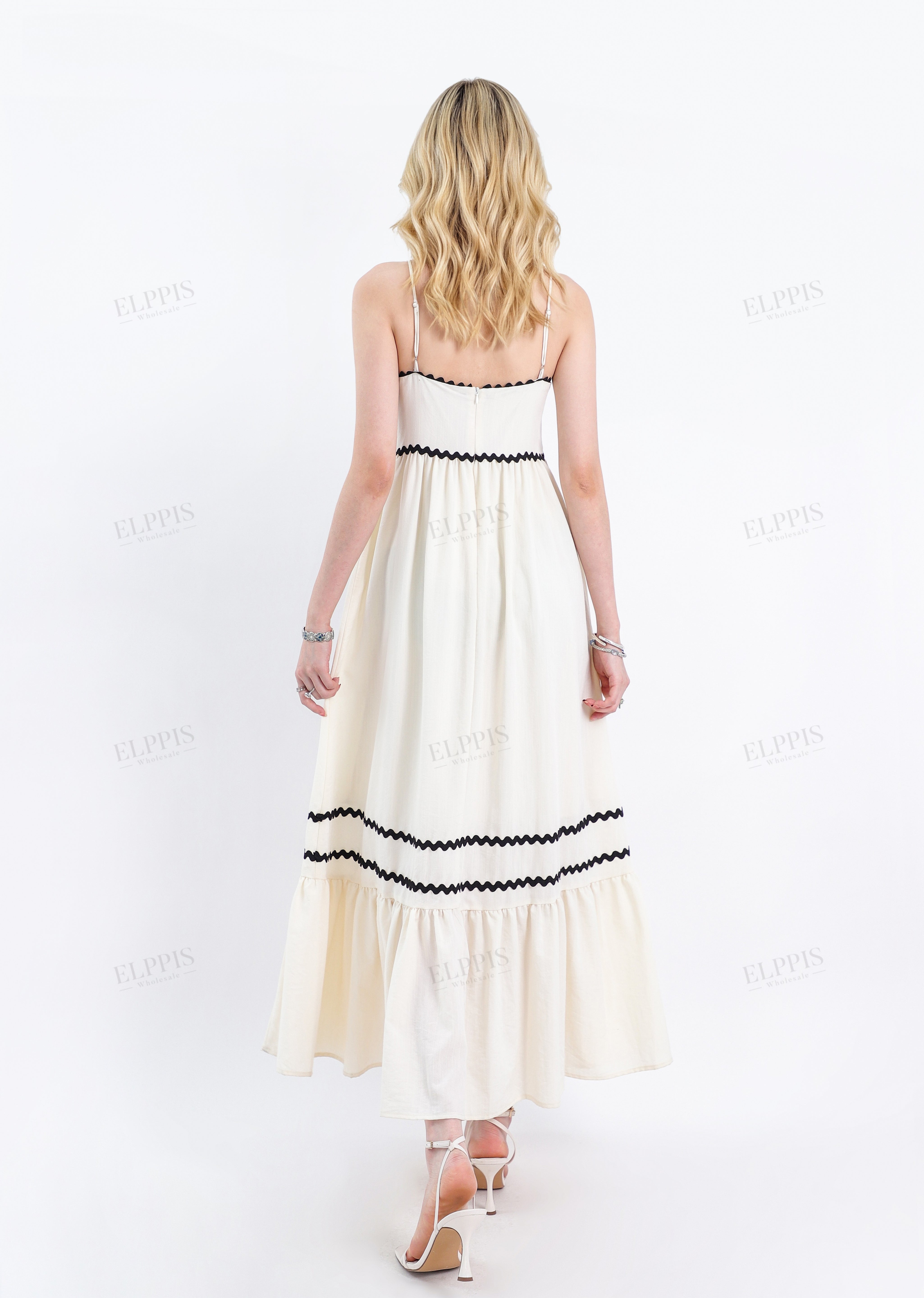 Cream Rayon-Blend Spaghetti-Strap Maxi Dress with Wave Trim