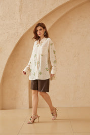 Cream Long-Sleeve Shirt with Sequin Floral Embellishments