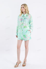 Watercolor Print Lightweight Collared Long Sleeves Blouse