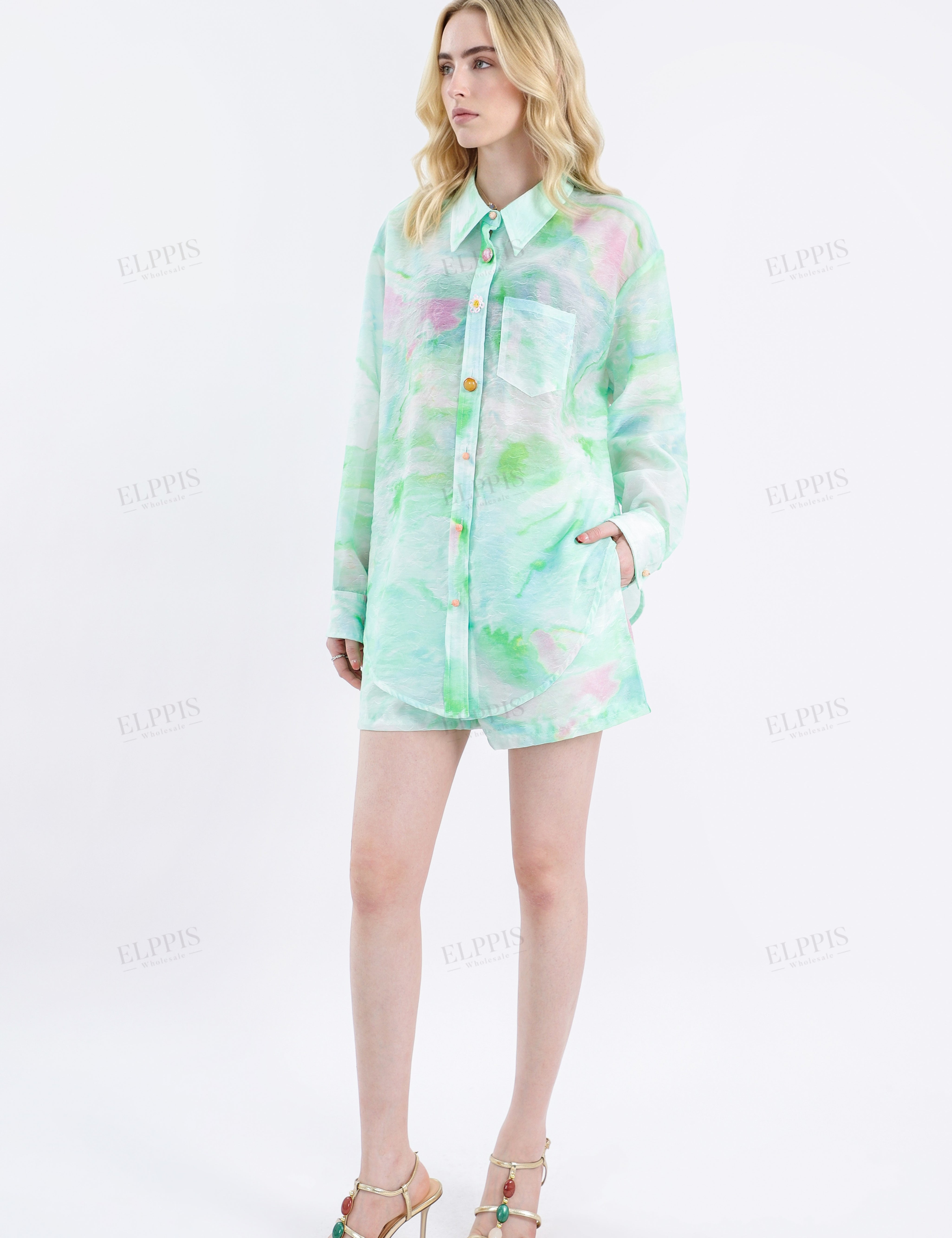Watercolor Print Lightweight Collared Long Sleeves Blouse