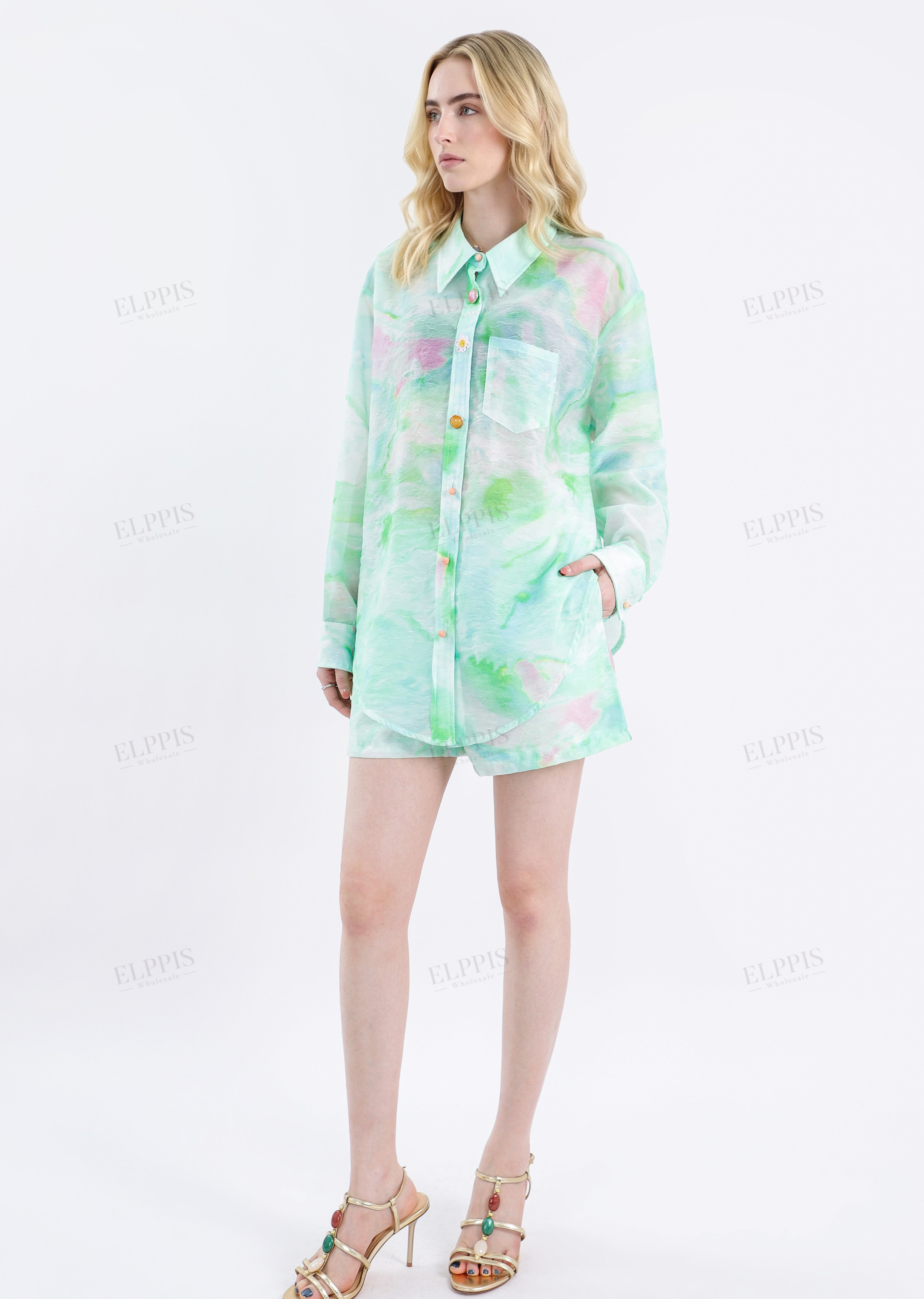 Watercolor Print Lightweight Collared Long Sleeves Blouse