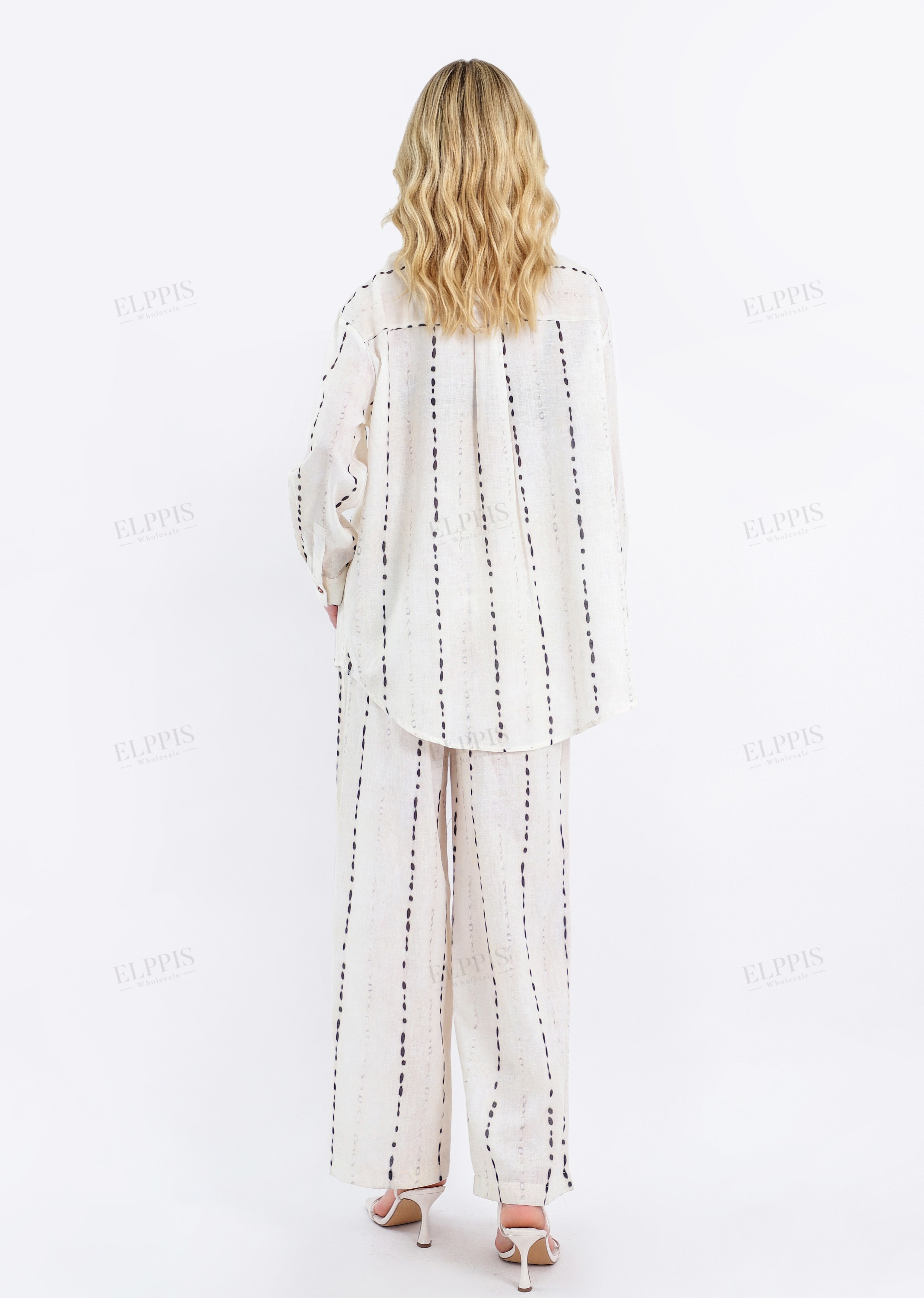 Cream Linen-Blend Wide-Leg Pants with Black Dot Stripes