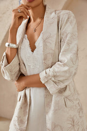 Beige Textured Linen-Blend Blazer with Floral Embroidery