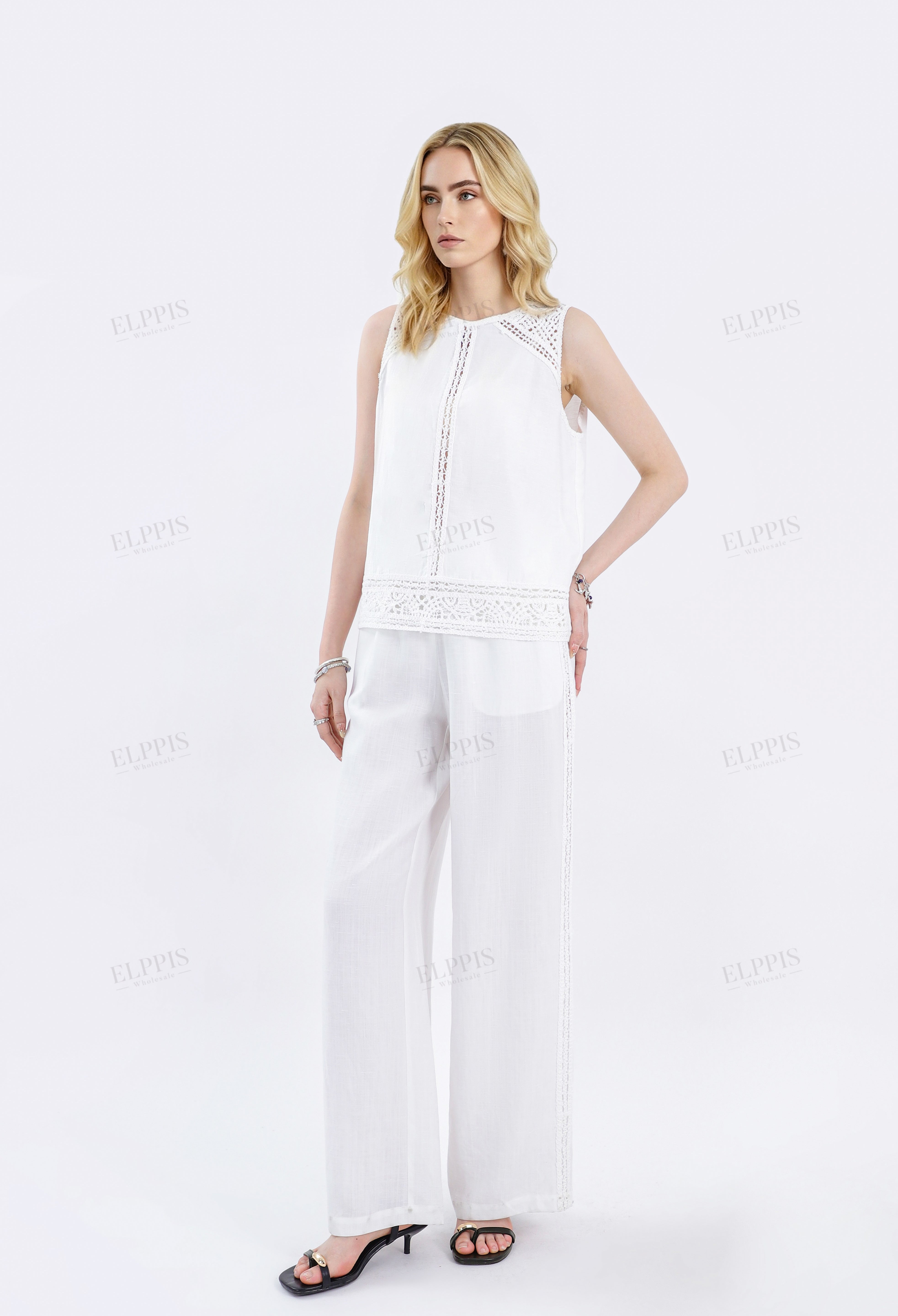White Sleeveless Top with Lace Insert & Scalloped Hem