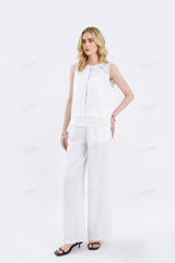 White Sleeveless Top with Lace Insert & Scalloped Hem