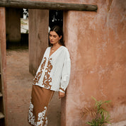 Color-block patchwork embroidered H-line cotton-linen midi skirt