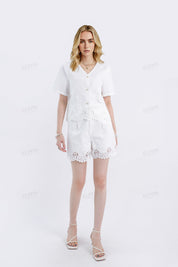 White Linen Short-Sleeve Cardigan with Cutwork Lace Detail