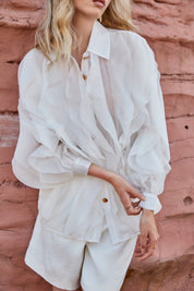 Blush Pink Sheer Organza Shirt with Tiered Ruffle Detail