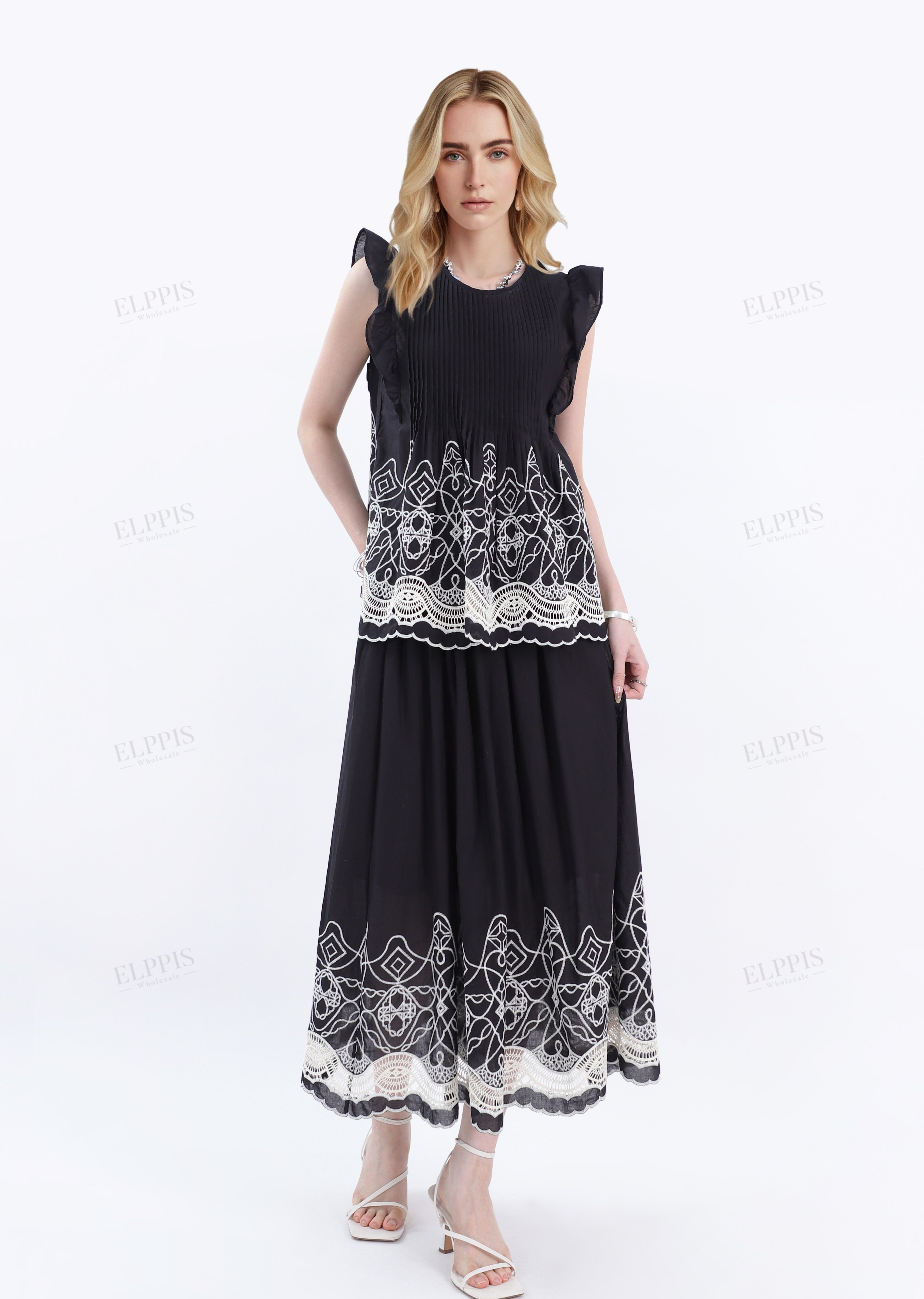 Black Sleeveless Blouse with White Lace & Ruffle Detail