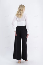 White Satin-Blend Bustier Blouse with Sheer Long Sleeves