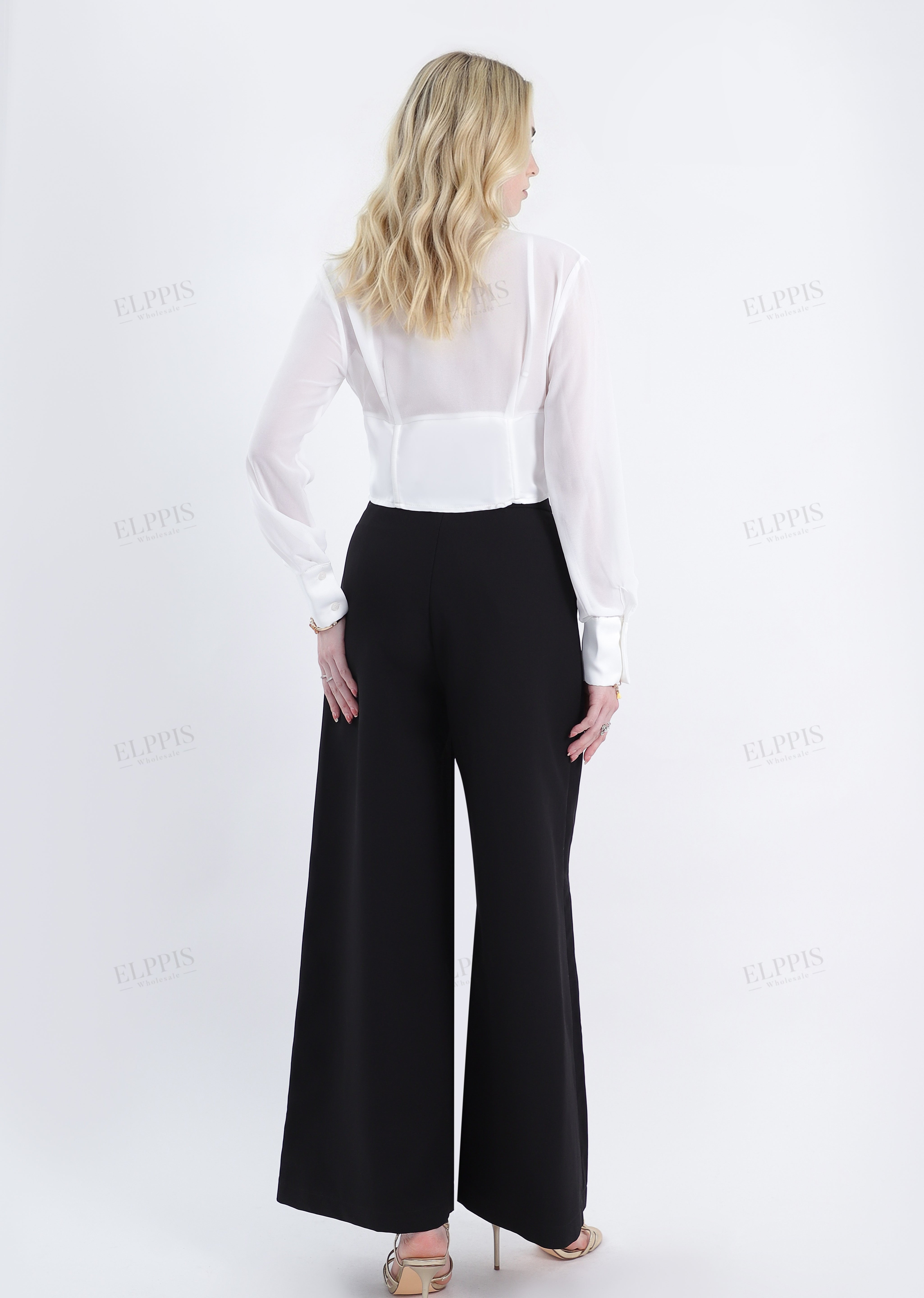 White Satin-Blend Bustier Blouse with Sheer Long Sleeves