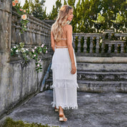 Chiffon base with 3D tassel embellishment straight midi skirt