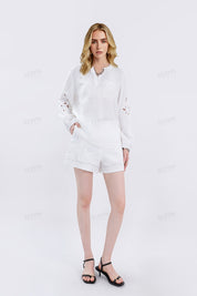 White Linen Long-Sleeve Embroidered Blouse
