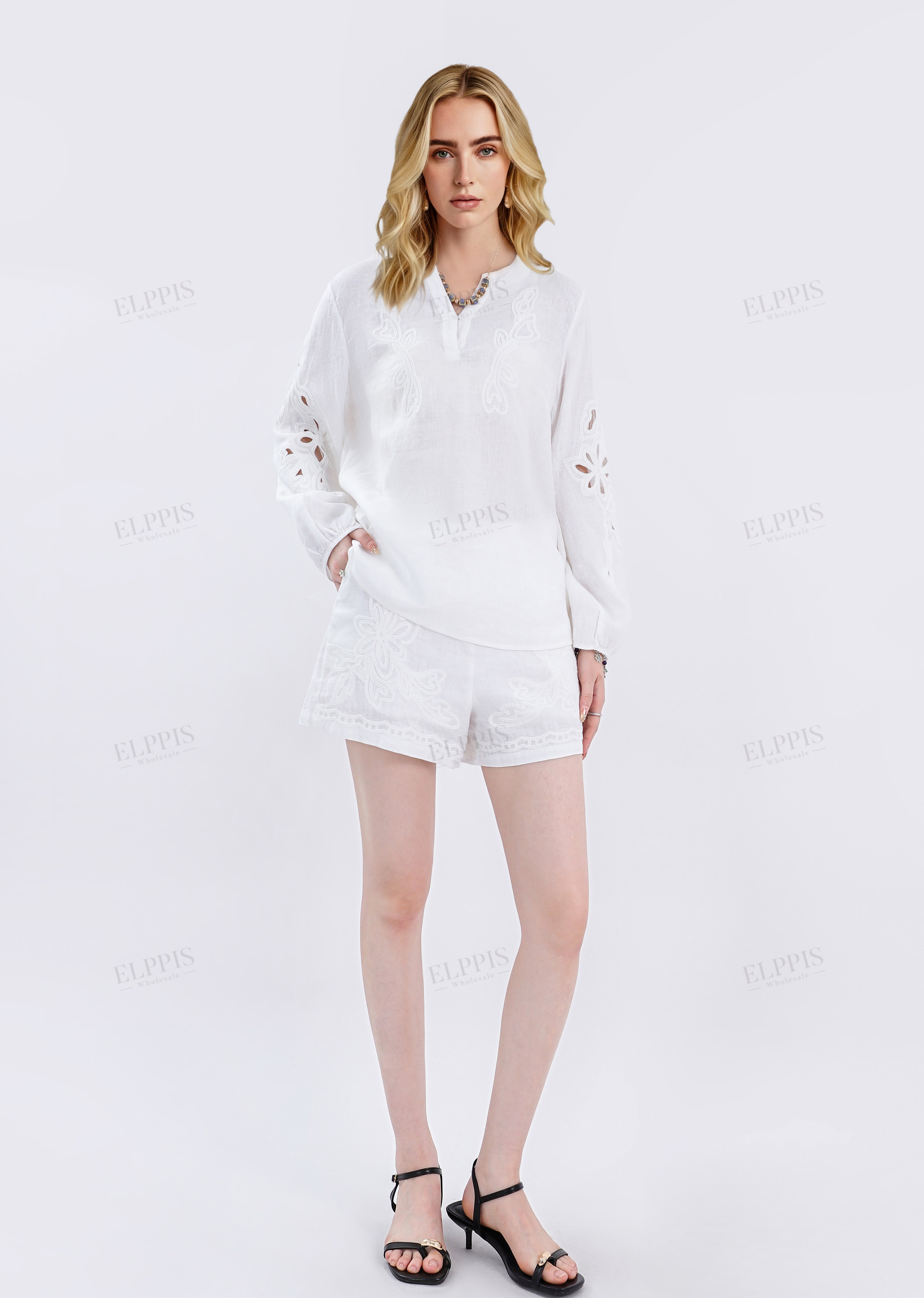 White Linen Long-Sleeve Embroidered Blouse
