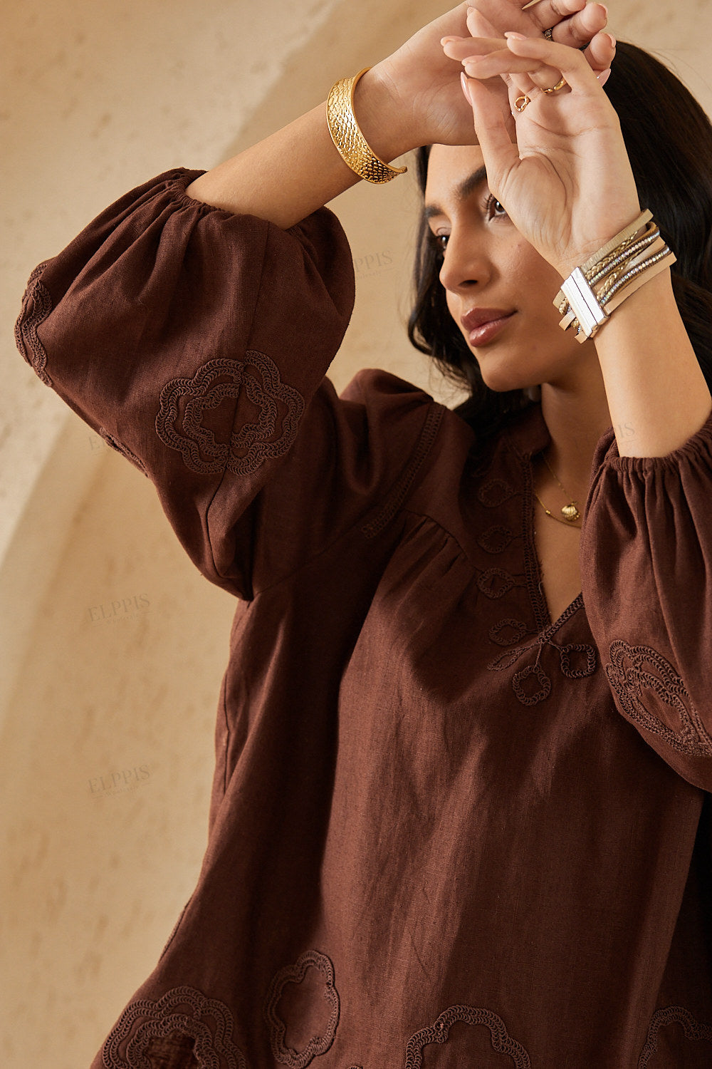 Cocoa Brown Long-Sleeve Blouse with Cutwork Embroidery