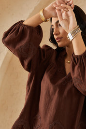 Cocoa Brown Long-Sleeve Blouse with Cutwork Embroidery