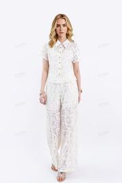 Cream Lace Wide-Leg Pants