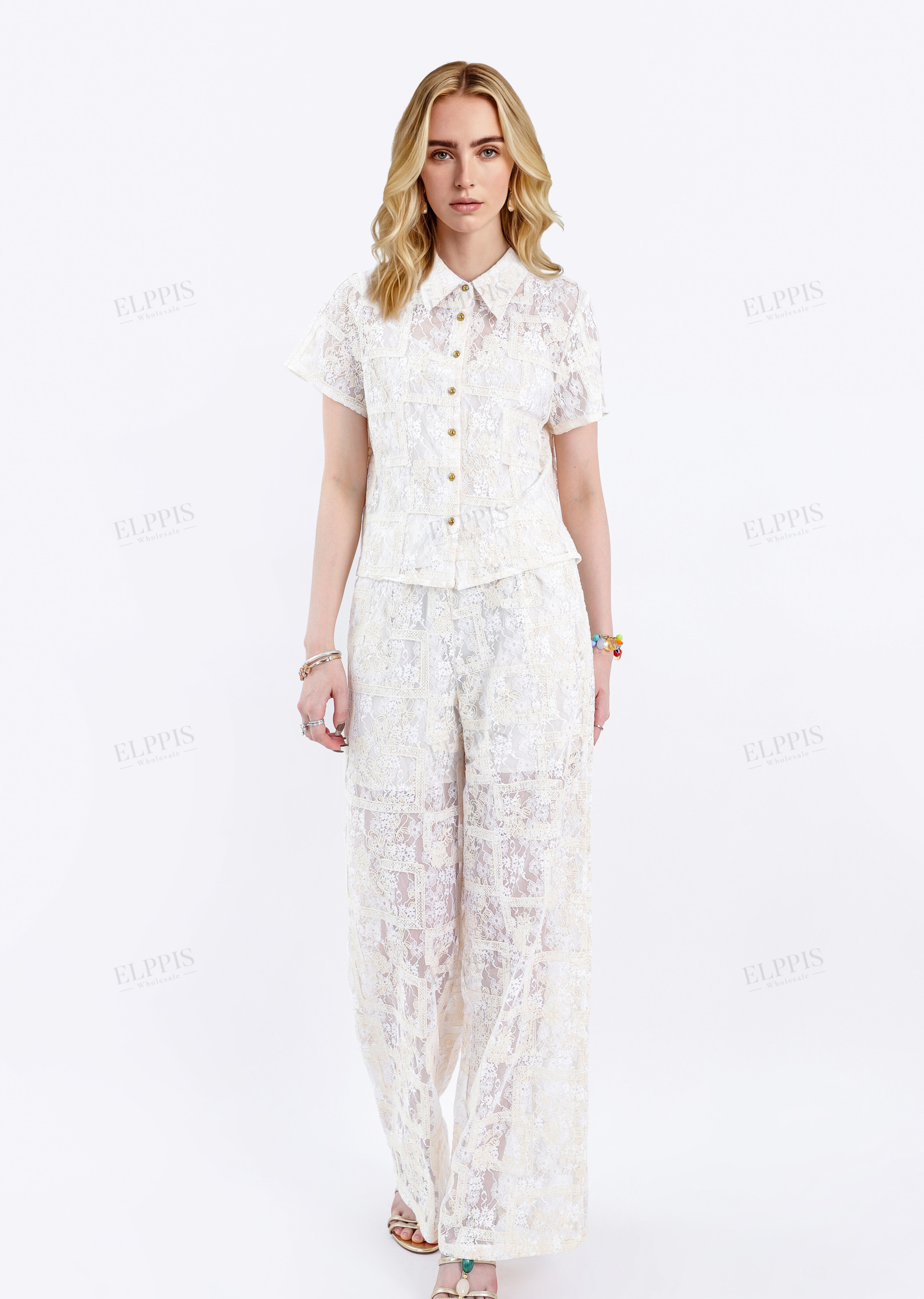 Cream Lace Wide-Leg Pants