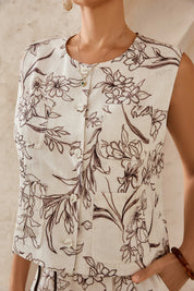 Beige Floral Sketch Print Sleeveless Vest with Pearl Buttons