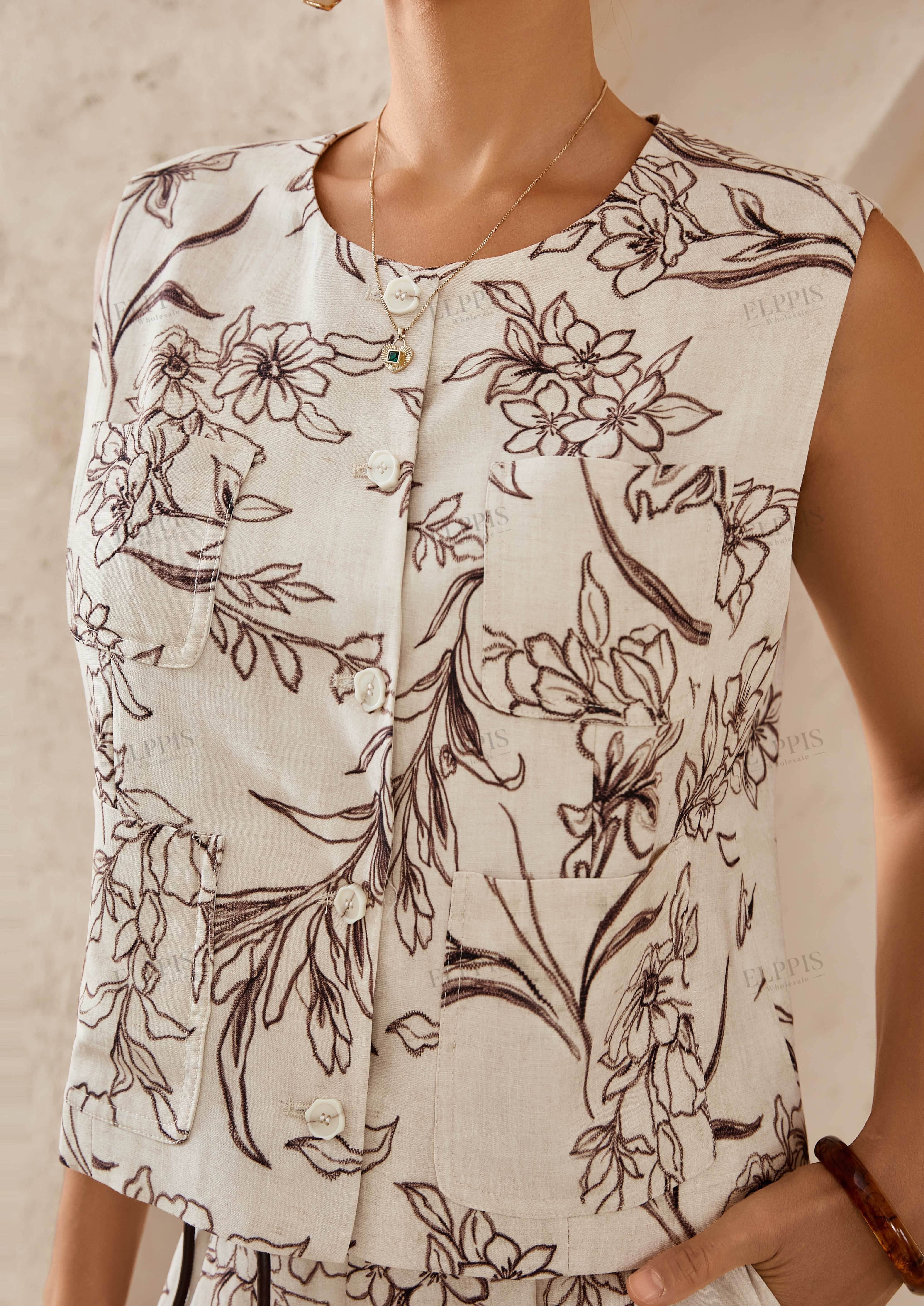 Beige Floral Sketch Print Sleeveless Vest with Pearl Buttons