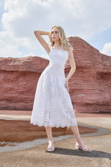 White Cotton Eyelet Midi Dress with Beaded Straps & Scalloped Hem