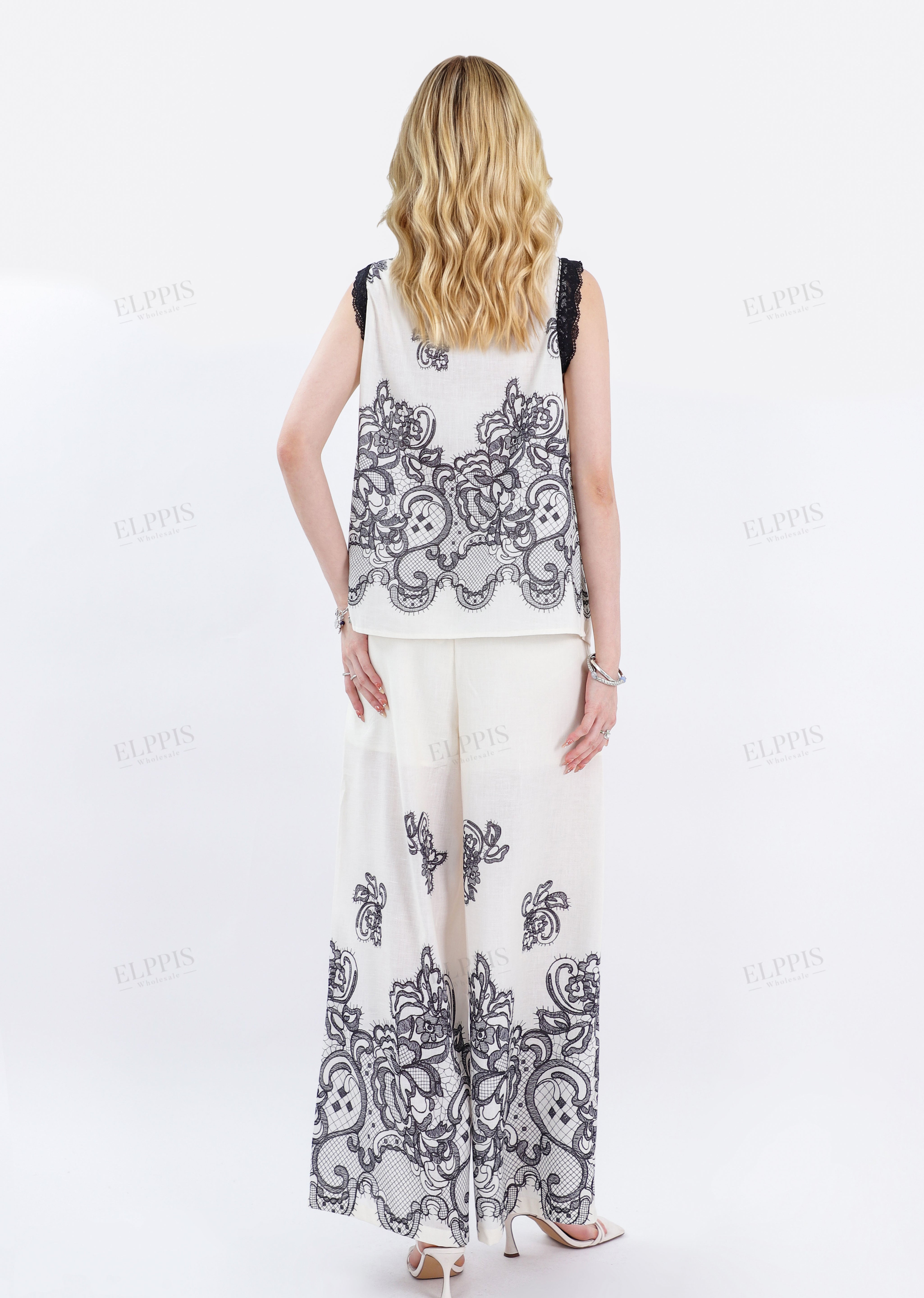 Ivory Wide-Leg Pants with Black Lace Embroidery