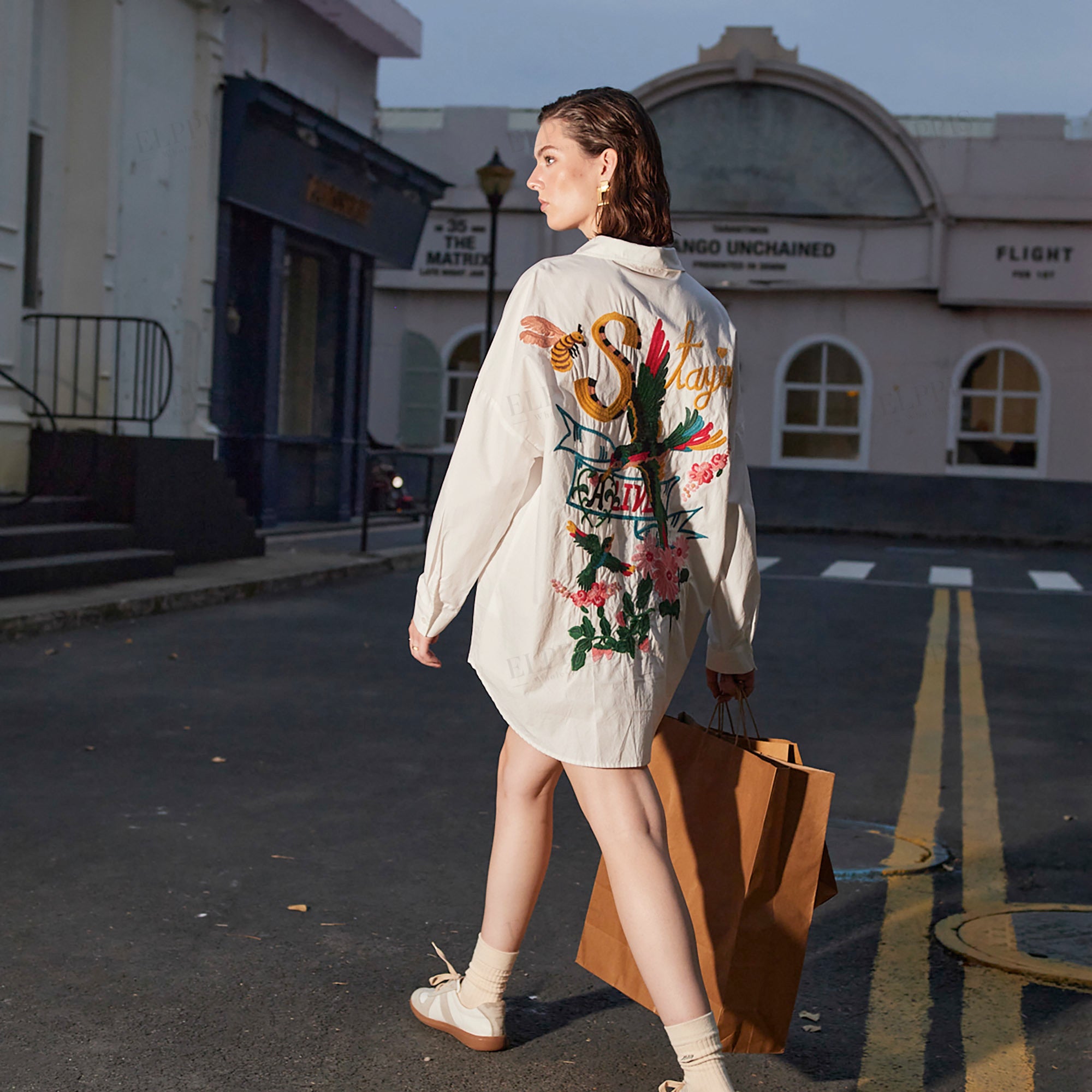 White oversized shirt with embroidered back