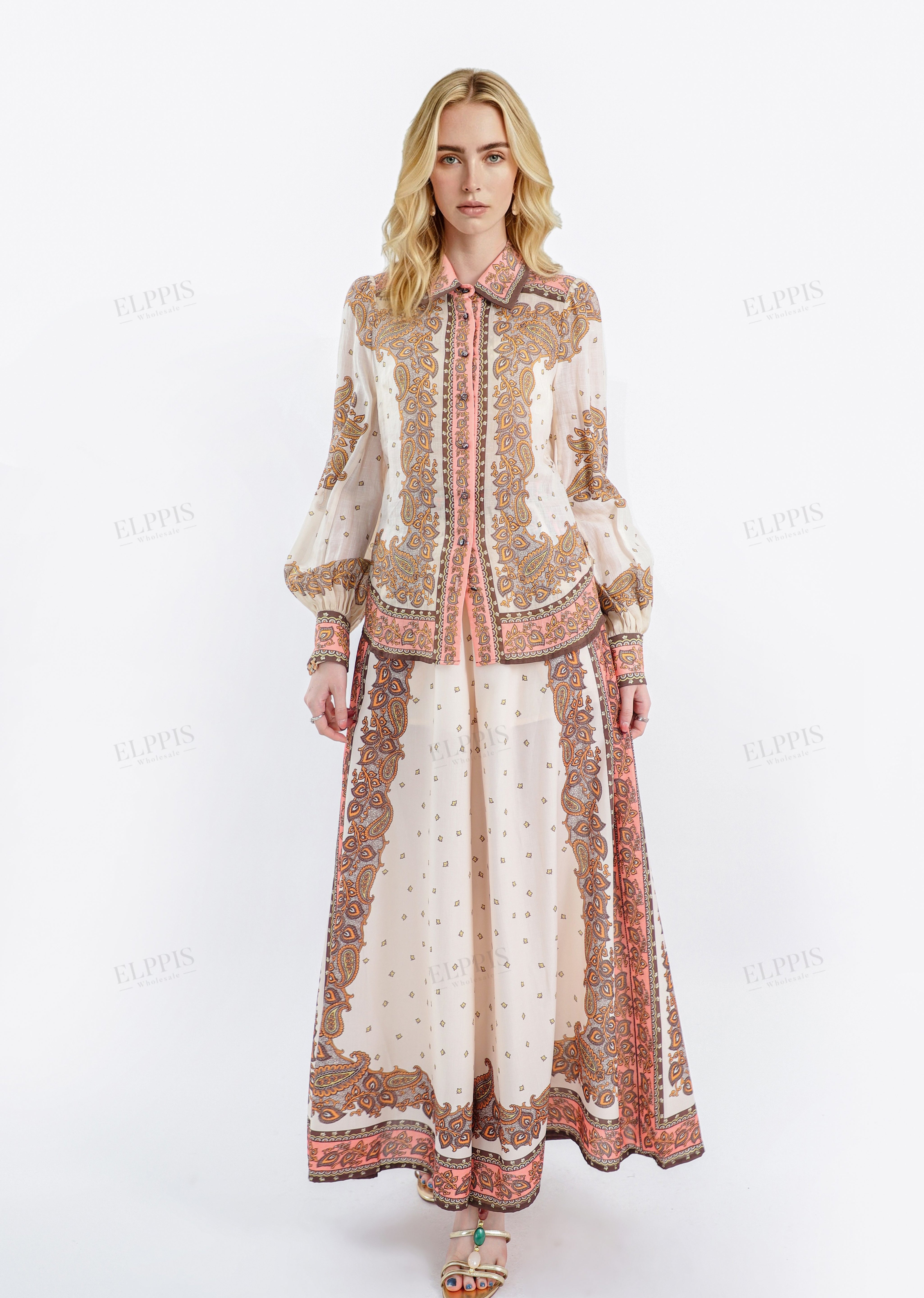 Paisley Print Long-Sleeve Shirt with Contrast Trim