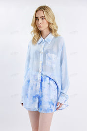 Light Blue Floral Print Long-Sleeve Shirt with Pearl Button Embellishments