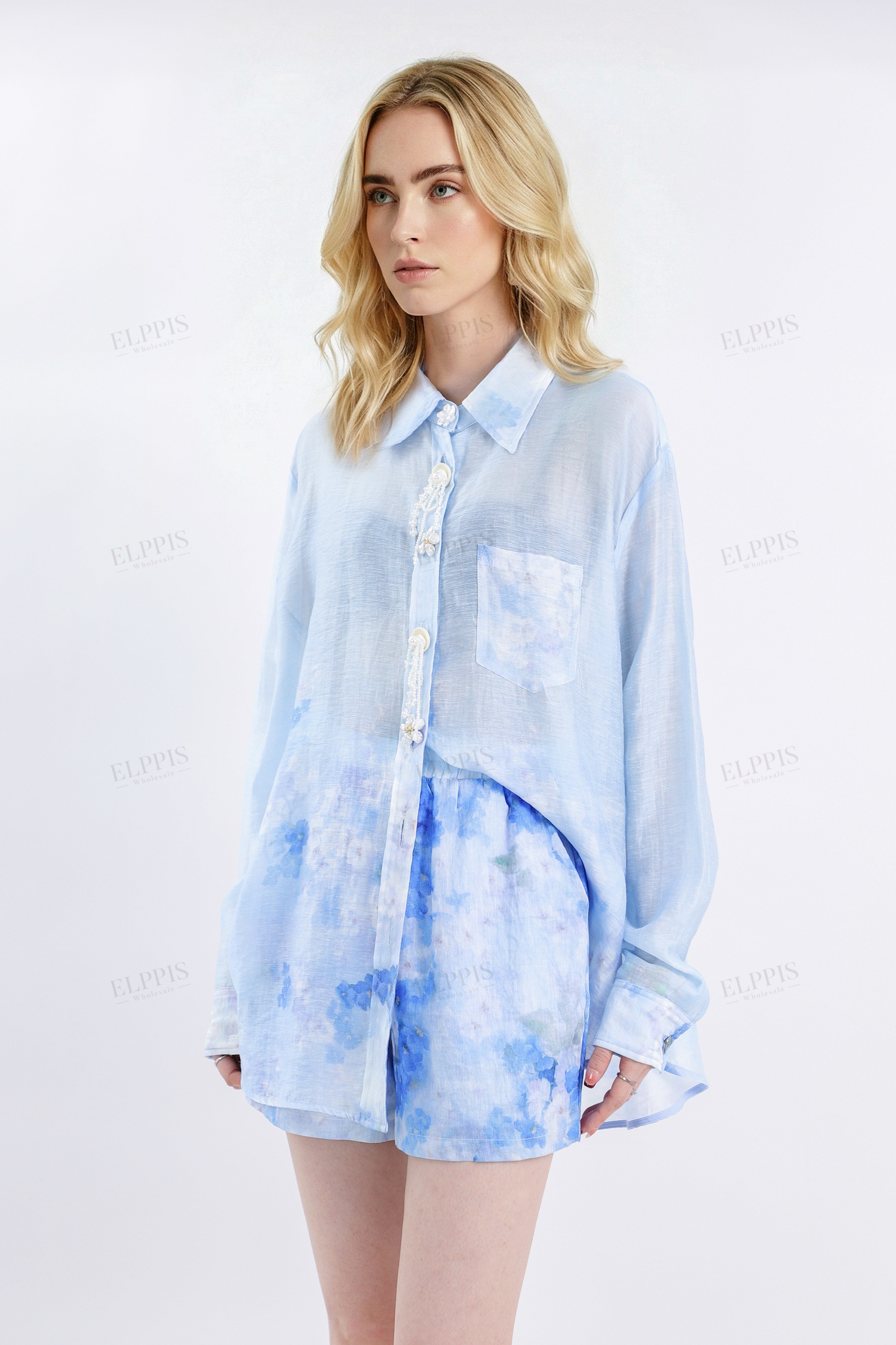Light Blue Floral Print Long-Sleeve Shirt with Pearl Button Embellishments