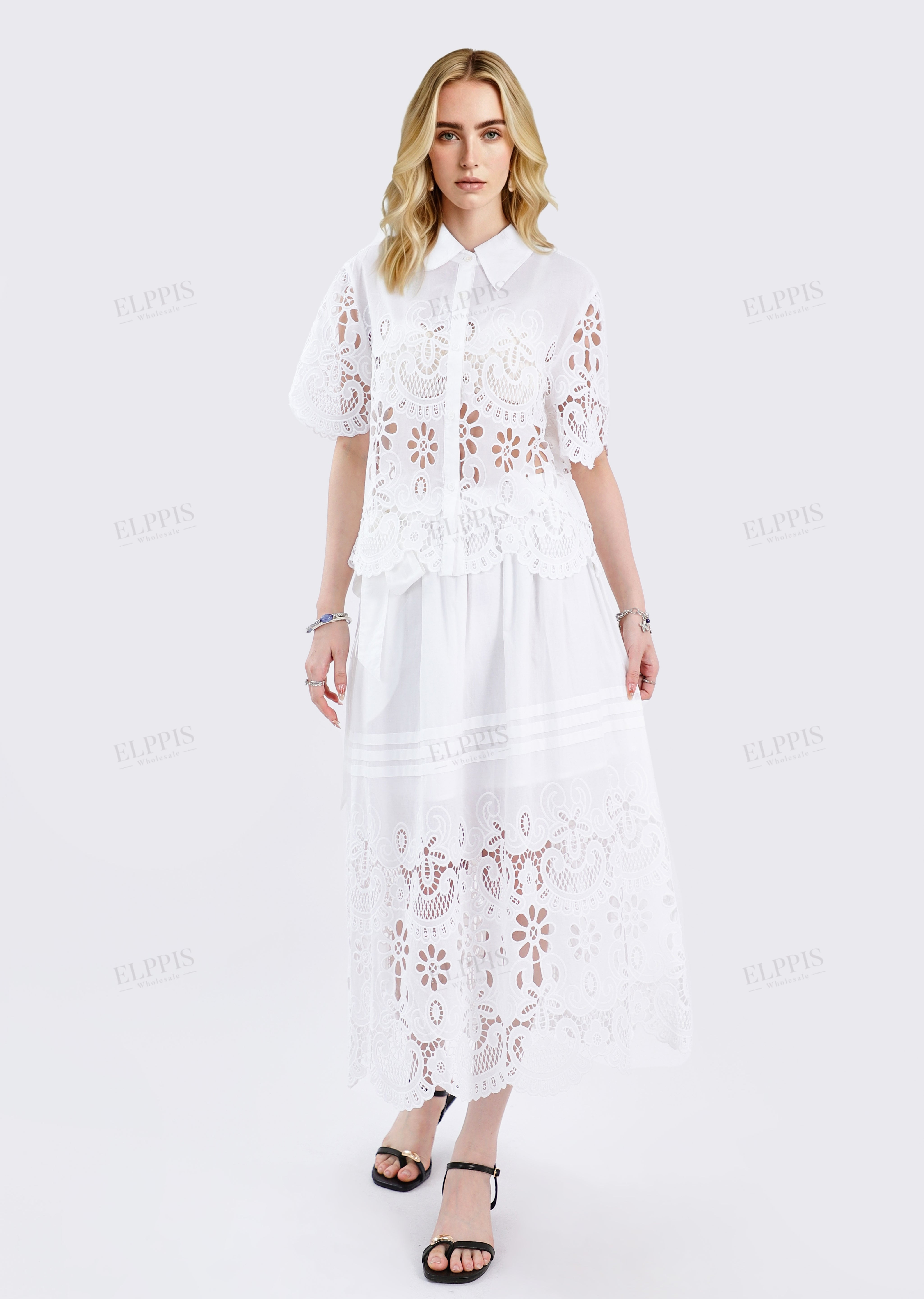 White Woven Midi Skirt with Eyelet Embroidery & Side Bow
