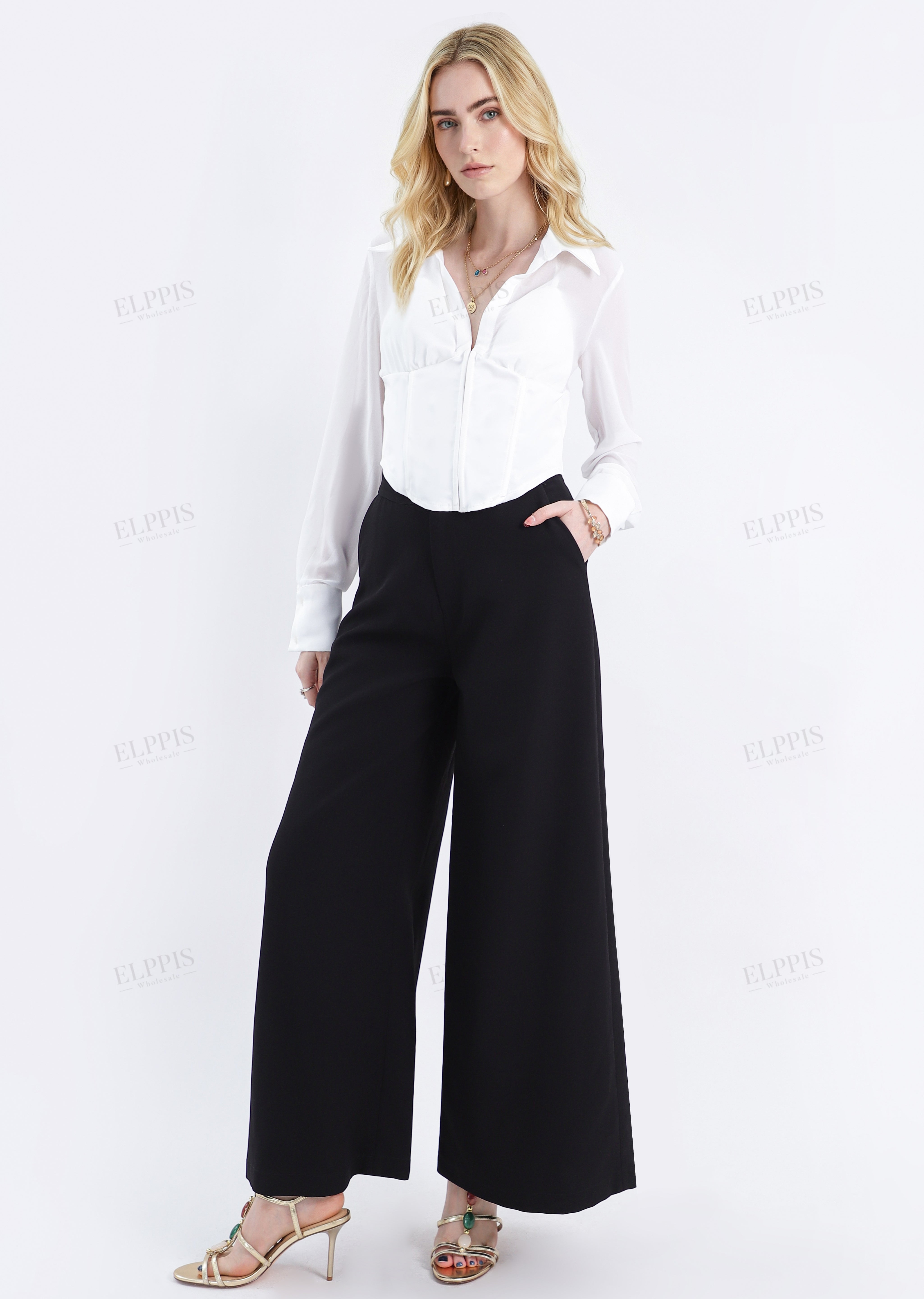 White Satin-Blend Bustier Blouse with Sheer Long Sleeves