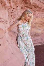 Eyelet Floral Print Sleeveless Midi Shirt Dress with Belt