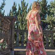 Chiffon digital print stand collar A-line midi sleeveless dress