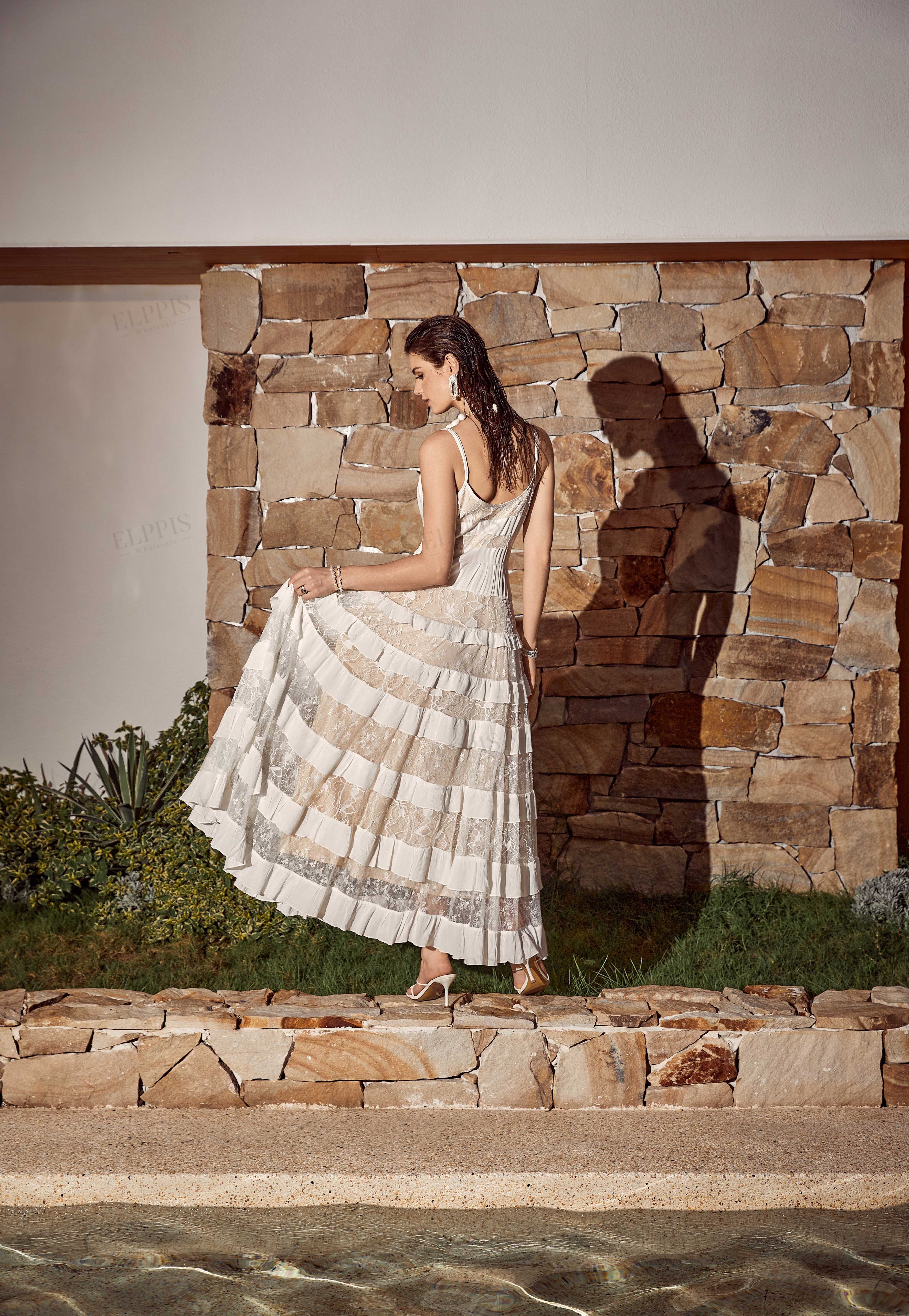 White Sheer Lace Tiered Cami Maxi Dress
