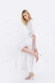 White Deep V-Neck Maxi Dress with Pearl Trim & Short Batwing Sleeves