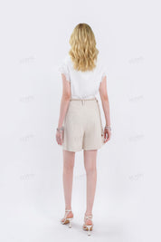Beige Linen-Blend Shorts with Beaded Drawstring Belt